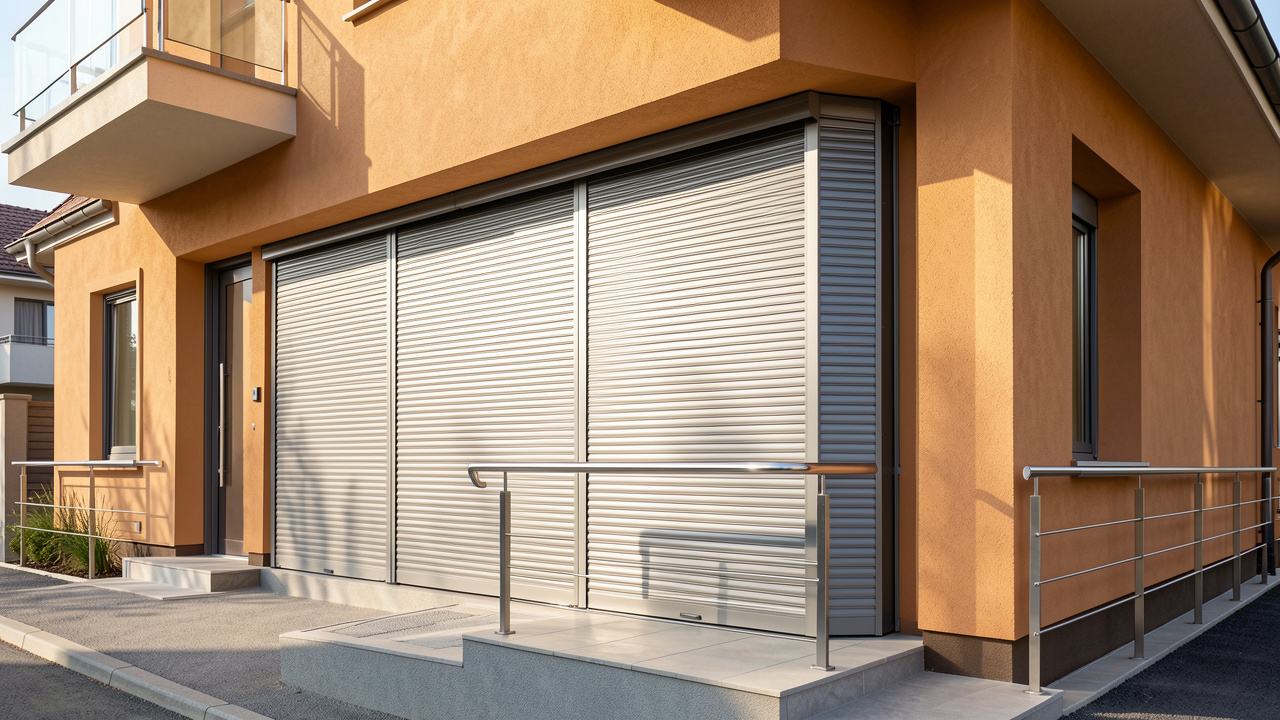 Façade moderne avec des volets coulissants design, montrant leur mouvement et la lumière naturelle sur les murs.