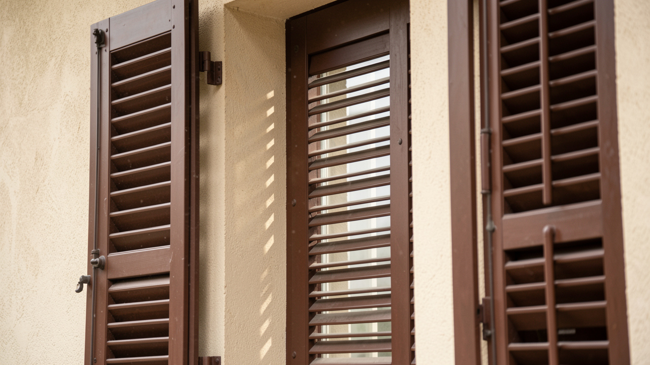 Vue rapprochée de volets persiennes traditionnels légèrement ouverts, montrant une ventilation optimale tout en conservant la protection, avec lumière naturelle douce et détails des lames.