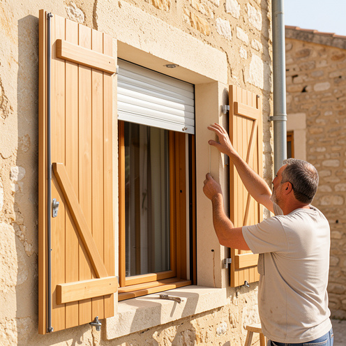 Installation de volets sur mesure en extérieur, avec battants en bois et volet roulant compact sur une maison en bord de mer dans le Var.